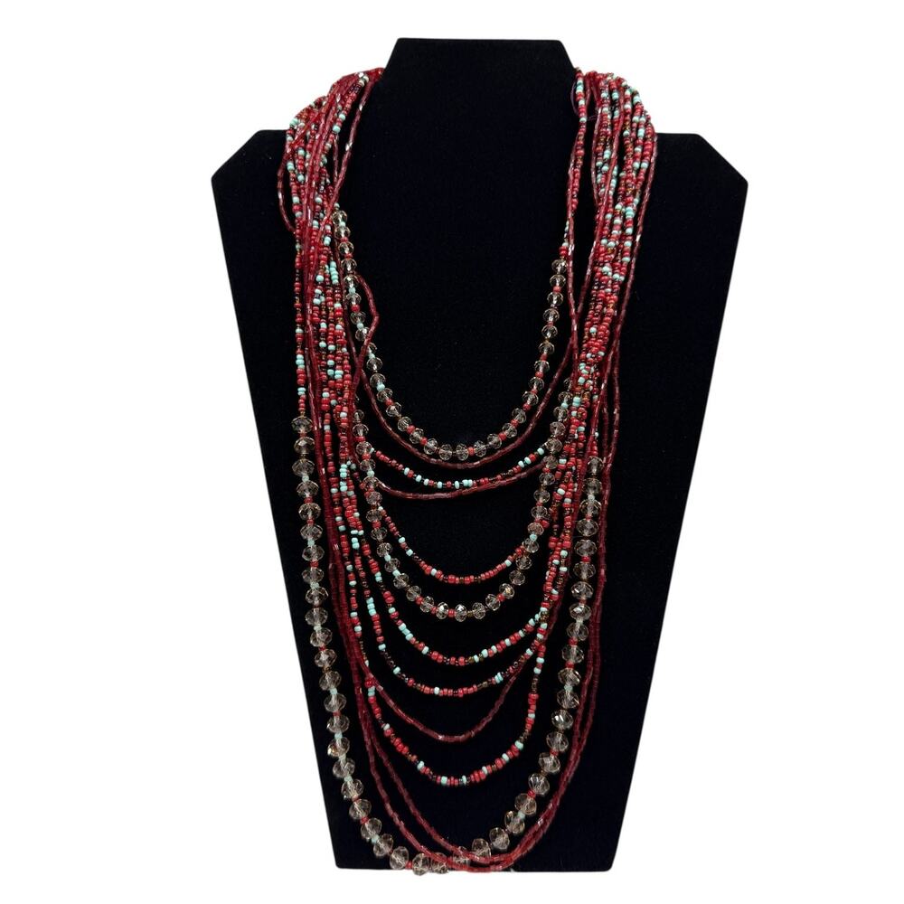 EL Erica Lyons Multi-Strand Glass Red Turquoise Beaded Statement Necklace 16 in
